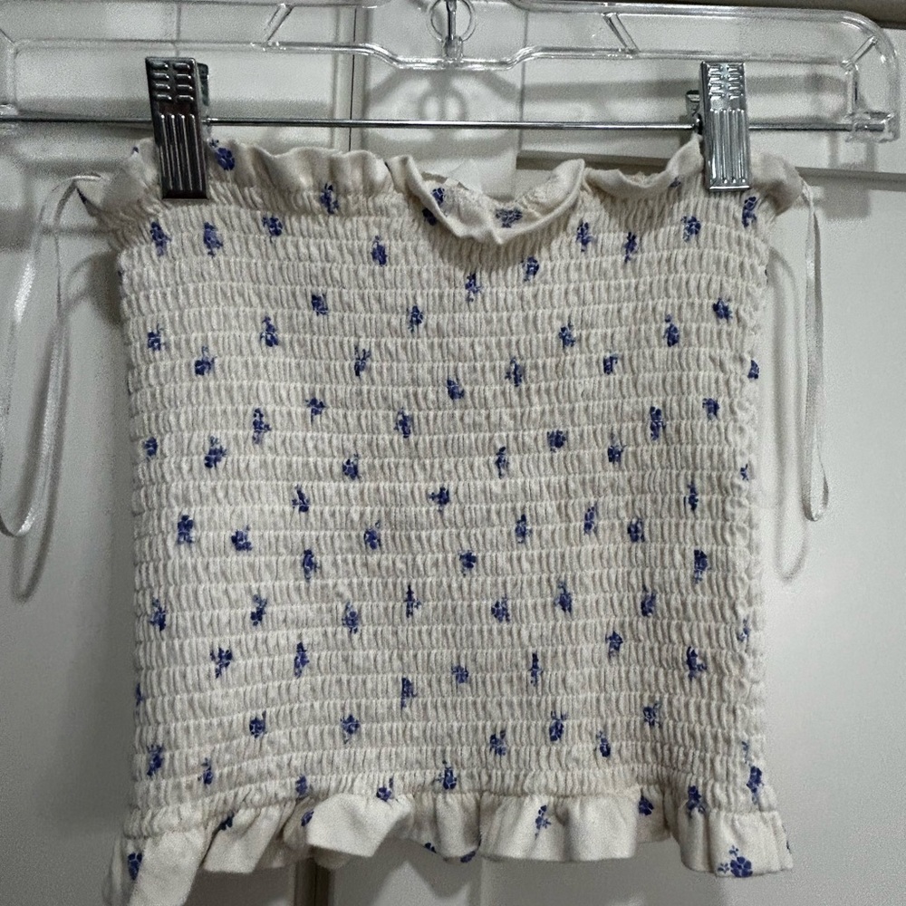 White Smocked Tube Top with Blue Floral Pattern